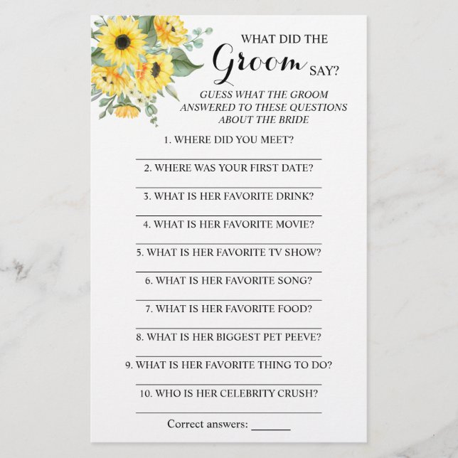Flyer ¿Qué hizo el Groom Say Bridal Shower Game Card? (Frente)