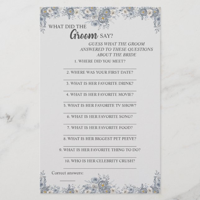 Flyer ¿Qué hizo el Groom Say Bridal Shower Game Card? (Frente)