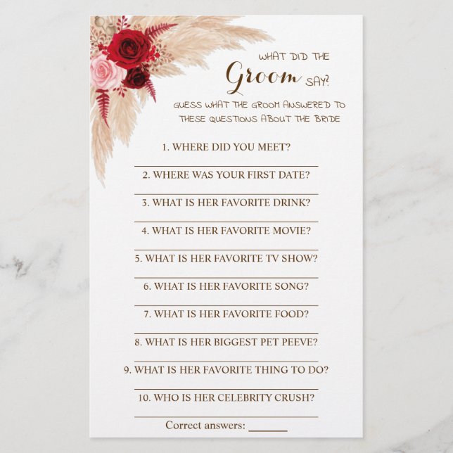Flyer ¿Qué hizo el Groom Say Bridal Shower Game Card? (Frente)