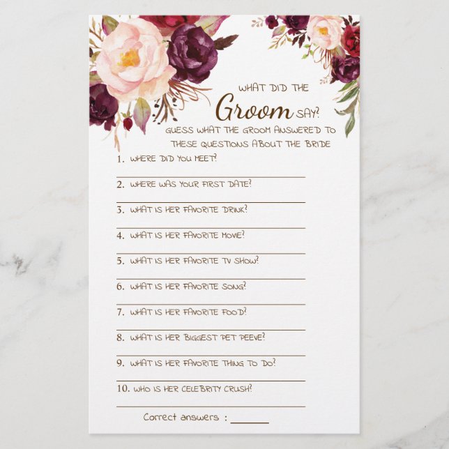 Flyer ¿Qué hizo el Groom Say Bridal Shower Game Card? (Frente)
