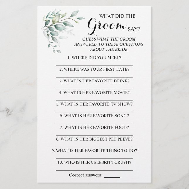 Flyer ¿Qué hizo el Groom Say Bridal Shower Game Card? (Frente)