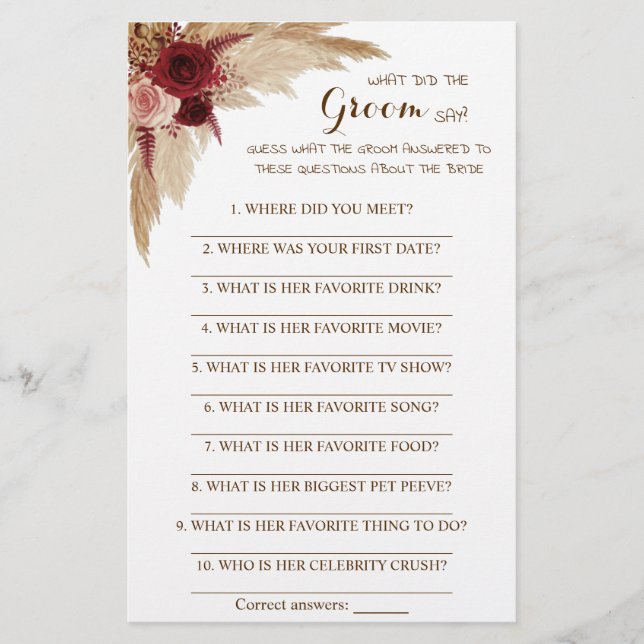 Flyer ¿Qué hizo el Groom Say Bridal Shower Game Card? (Frente)