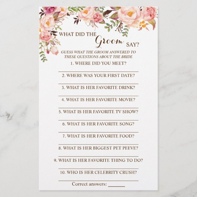 Flyer ¿Qué hizo el Groom Say Bridal Shower Game Card? (Frente)