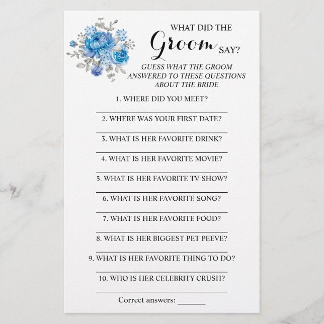 Flyer ¿Qué hizo el Groom Say Bridal Shower Game Card? (Frente)
