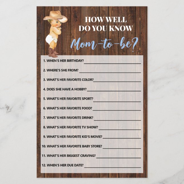 Flyer ¿Qué tan bien conoces a mamá Cowboy Shower Game Ca (Frente)