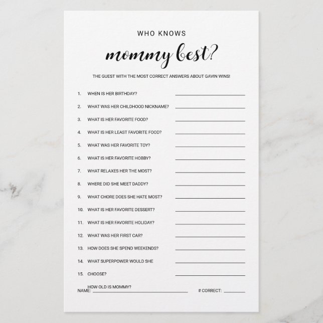 Flyer Quién conoce a mamá juego Baby Shower amigable con (Frente)