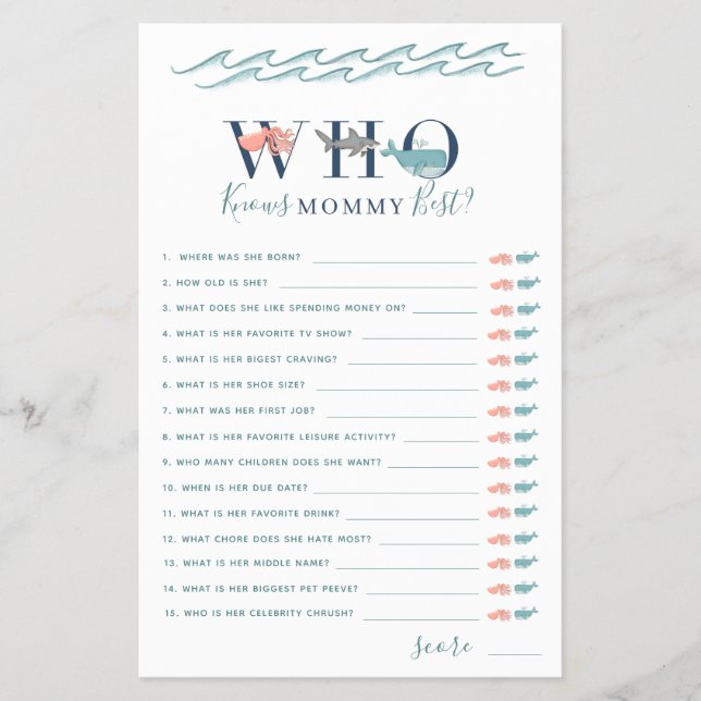 Flyer Quien conoce a mamá juego bajo el mar Baby Shower (Frente)