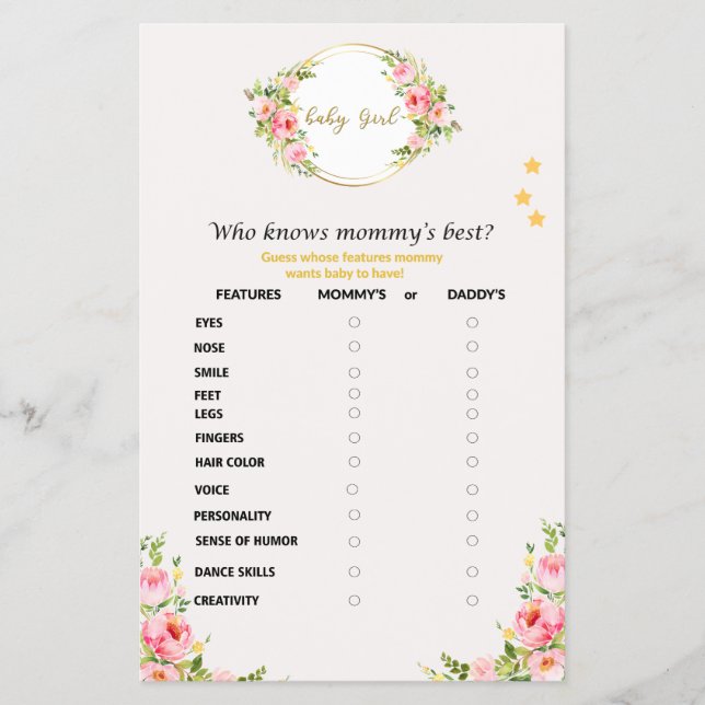 Flyer Quién conoce a mamá mejor juego de Baby Shower (Frente)