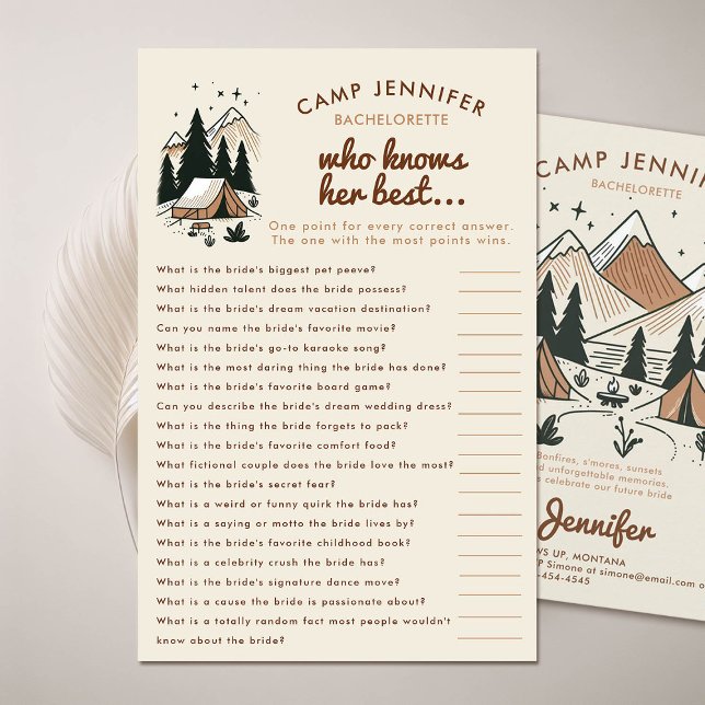 Flyer Quien conoce su mejor juego de Bachelorette Camp (camping bachelorette party game who knows her best camp bach earth colors beige brown)