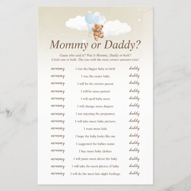 Flyer Quién dijo que el juego de Baby Shower Blue Teddy  (Frente)