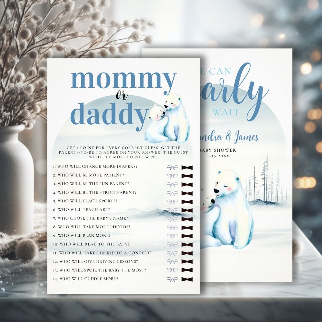 Flyer ¿Quién mami o papi duchan el juego del osito polar (winter boy baby shower bearly wait polar bear mama cub watercolor guess who mommy or daddy game)