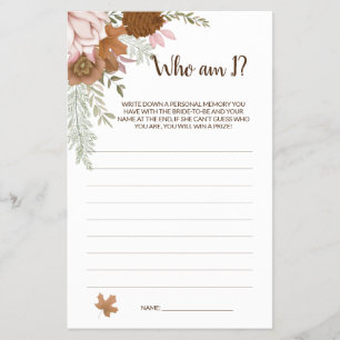 Flyer Quién soy Boho Autumn Bridal Shower Game Card