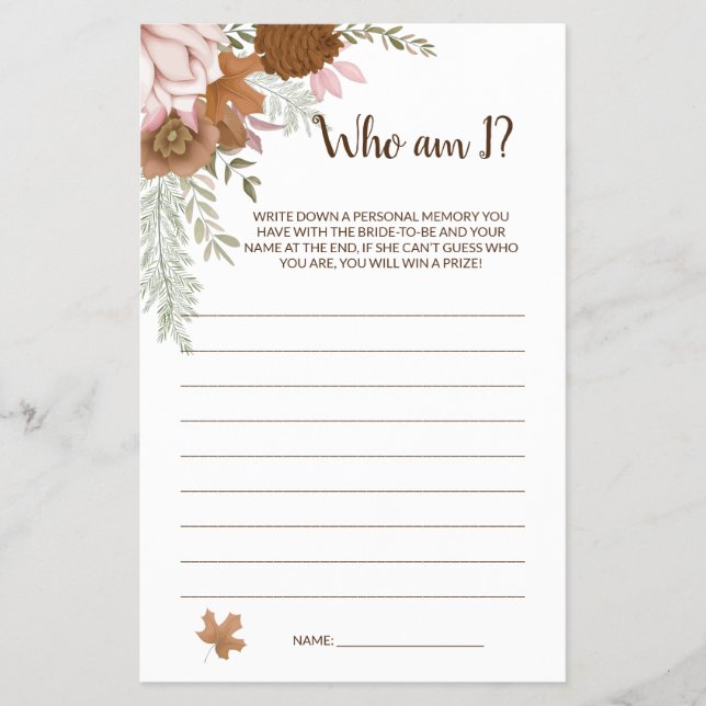 Flyer Quién soy Boho Autumn Bridal Shower Game Card (Frente)