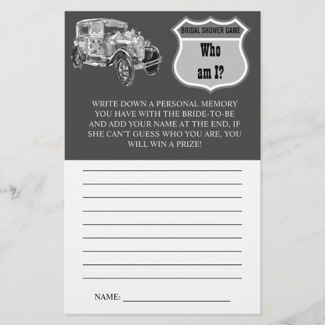 Flyer ¿Quién soy? | Coche de novia | Tarjeta de juego pa (Frente)