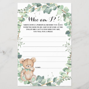 Flyer ¿Quién soy? Tarjeta de juego Baby Shower de GreenS