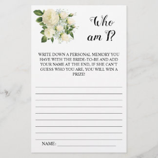 Flyer ¿Quién soy? Tarjeta de juego de ducha de novia flo