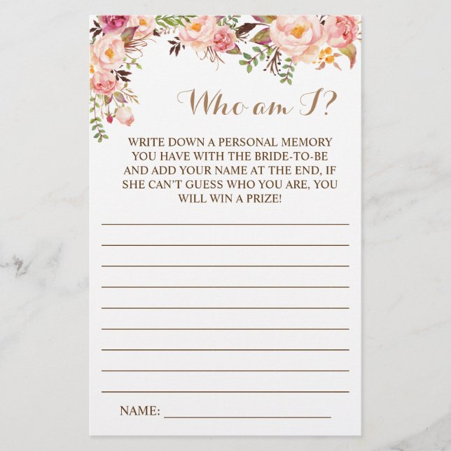 Flyer ¿Quién soy? Tarjeta de juego Floral Británica Rosa (Frente)