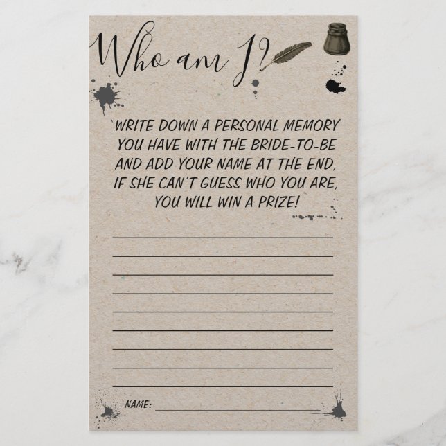 Flyer ¿Quién soy? | Tarjeta de juego Pen & Inkwell Brida (Frente)