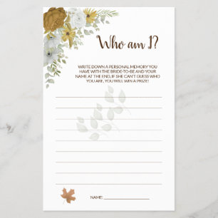 Flyer Quién soy yo Boho Autumn Bridal Shower Game Card F