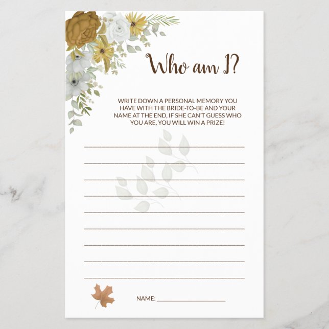 Flyer Quién soy yo Boho Autumn Bridal Shower Game Card F (Frente)
