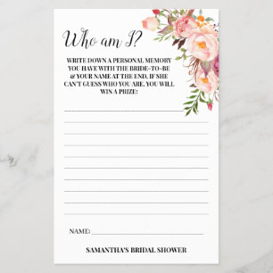 Flyer ¿Quién soy yo? Tarjeta de juego de flores rosadas 