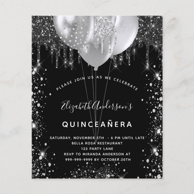Flyer Quinceanera black silver glitter budget invitation (Frente)