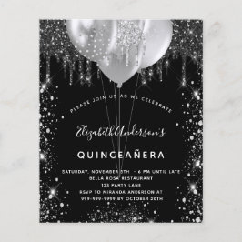 Flyer Quinceanera black silver glitter budget invitation