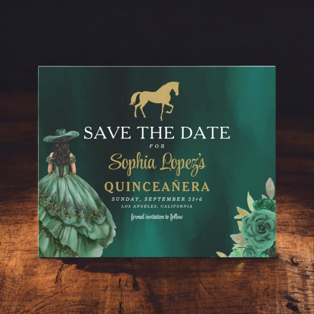 Flyer Quinceanera de oro verde presupuesto Guardar fecha (Subido por el creador)