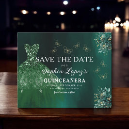 Flyer Quinceanera de oro verde presupuesto Guardar fecha