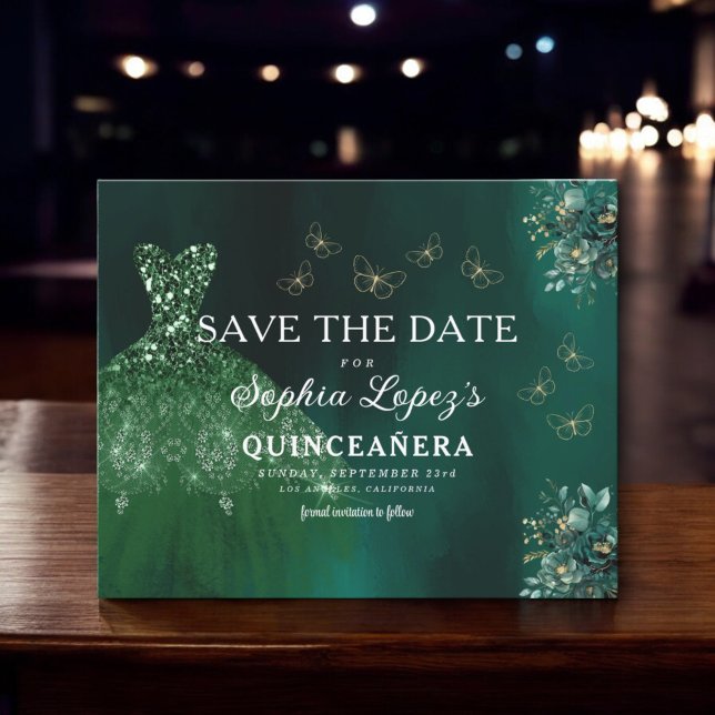 Flyer Quinceanera de oro verde presupuesto Guardar fecha (Subido por el creador)