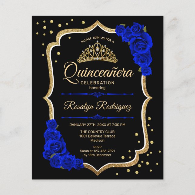 Flyer Quinceanera de presupuesto - Invitación azul real  (Frente)