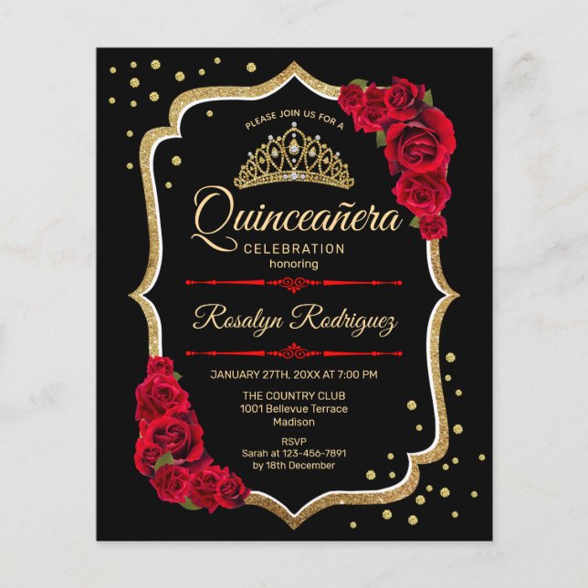 Flyer Quinceanera de presupuesto - Invitación de oro roj (Frente)