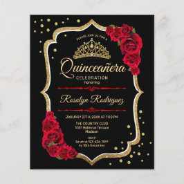 Flyer Quinceanera de presupuesto - Invitación de oro roj
