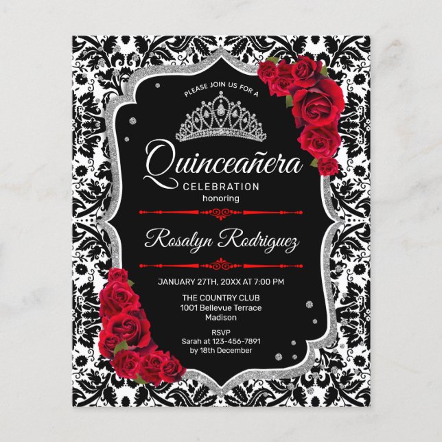 Flyer Quinceanera de presupuesto - Invitación de plata r (Frente)
