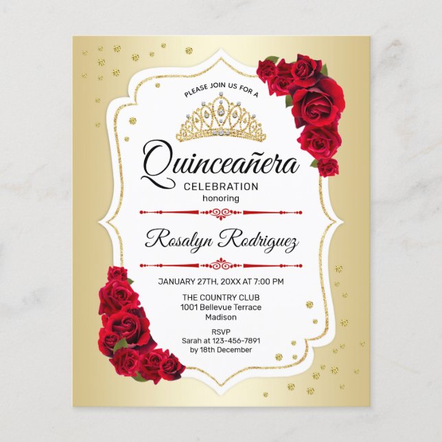 Flyer Quinceanera de presupuesto - Invitación roja blanc (Frente)