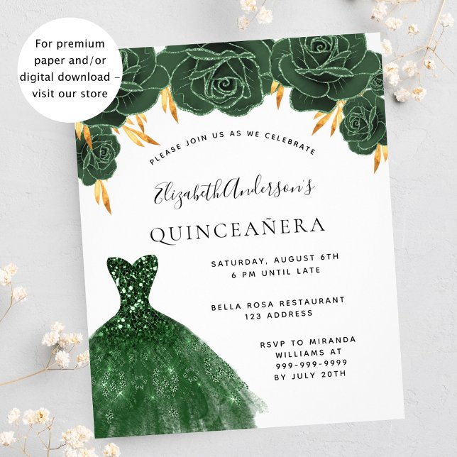 Flyer Quinceanera esmeralda vestido de oro verde floral  (Subido por el creador)