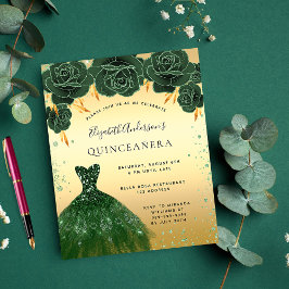 Flyer Quinceanera esmeralda vestido de oro verde floral 