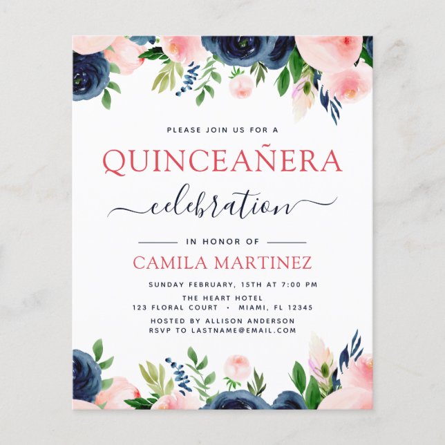Flyer Quinceanera floral azul de la marina rosa de Rubor (Frente)