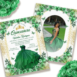 Flyer Quinceanera floral de oro verde esmeralda