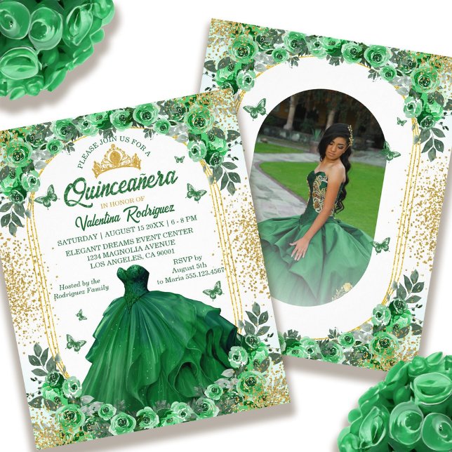 Flyer Quinceanera floral de oro verde esmeralda (Budget Emerald Green Gold Floral Quinceanera Flyer)