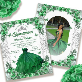 Flyer Quinceanera floral de plata verde esmeralda