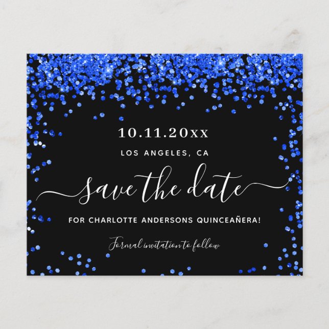 Flyer Quinceanera negro presupuesto azul real salva la f (Frente)