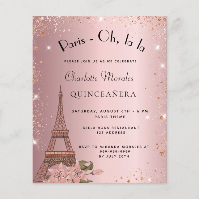 Flyer Quinceanera Paris invitación al presupuesto rosa (Frente)