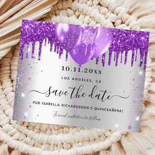 Flyer Quinceañera plata morado presupuesto ahorrar fecha
