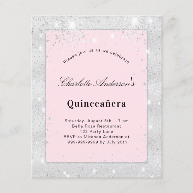Flyer Quinceanera plata rubor rosa purpurina polvo presu (Frente)