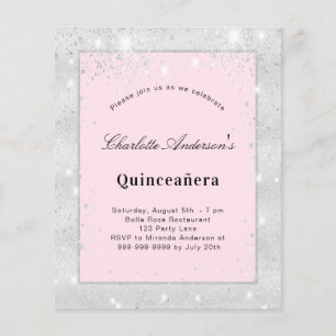 Flyer Quinceanera plata rubor rosa purpurina polvo presu