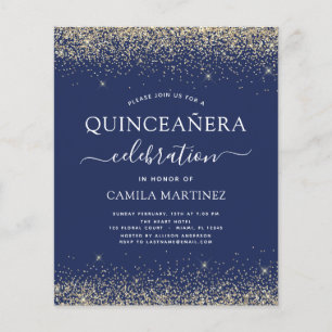 Flyer Quinceañera Presupuesto Azul Marino Dorado Glitter
