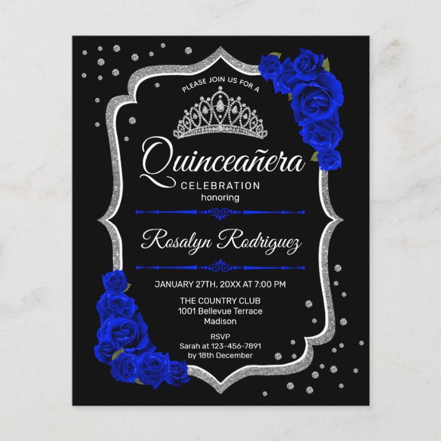Flyer Quinceañera Presupuesto Invitación Azul Real Negro (Frente)