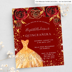 Flyer Quinceanera purpurina de oro rojo vestido presupue