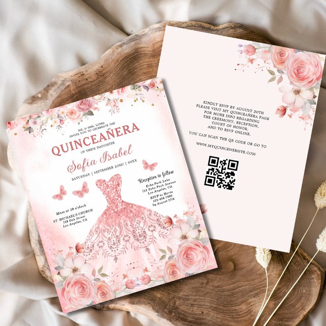 Flyer Quinceañera QR Code Rubor Rosa Floral rosa (Subido por el creador)